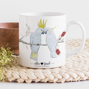 Cacatúa personalizada Taza de pareja Regalo personalizado Pájaro australiano Taza Acuarela pájaro Impresión, Regalo, Regalo de pareja, Regalo para él, Regalo de San Valentín