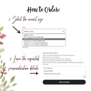 May include: How to order a personalized family print. Choose a size and price from the dropdown menu. Enter family name, names of each child with age and gender, and select "Add to basket".