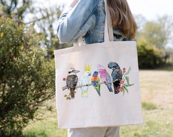 Australian themed Tote Bag- Australian Birds:  Kookaburra, Cockatoo, Lorikeet Galah,  Australian Native