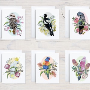 Cartes oiseaux australiens - lot de 6 oiseaux indigènes australiens assortis - kookaburra, pie, cacatoès, loriquet, galah, cartes de voeux