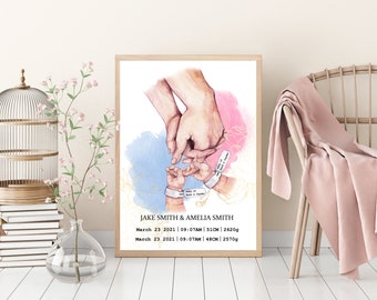 Puede incluir: Una ilustración de acuarela de dos manos que se sostienen, con el texto "JAKE SMITH & AMELIA SMITH" y los detalles de nacimiento de dos bebés: 23 de marzo de 2021 | 09:07 AM | 51 cm | 2620 g y 23 de marzo de 2021 | 09:07 AM | 48 cm | 2570 g.