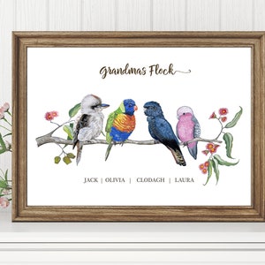 Personalised Grandparents Gift Australian Mixed native Birds personalized Art Watercolor bird Print Grandkids Gift, Grandpa Gift, nan, pop image 3