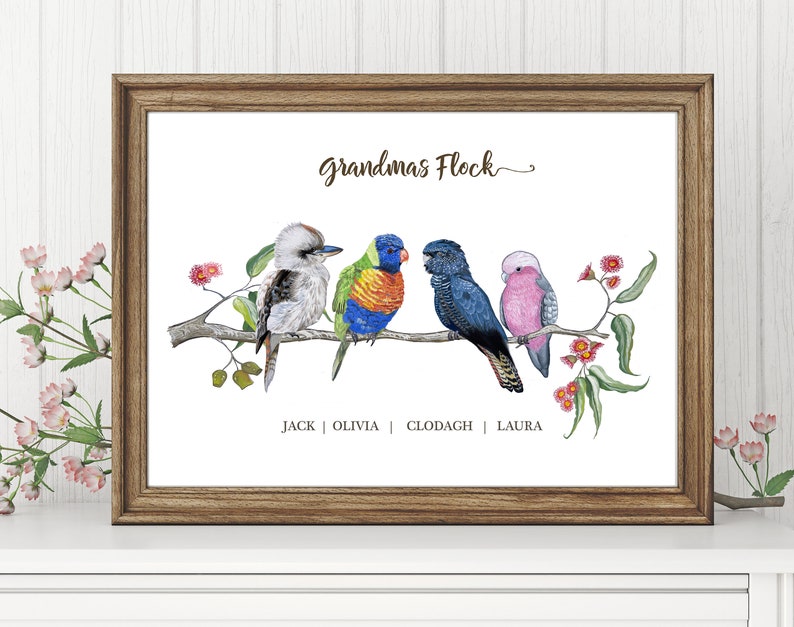 Personalised Grandparents Gift Australian Mixed native Birds personalized Art Watercolor bird Print Grandkids Gift, Grandpa Gift, nan, pop image 3