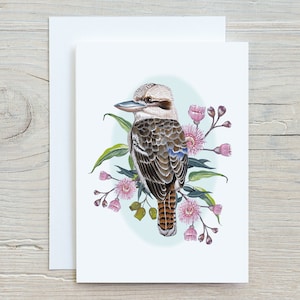 Tarjeta de aves australianas: aves autóctonas de Australia: kookaburra, urraca, cacatúa, lori, cacatúa galah. Tarjetas de felicitación