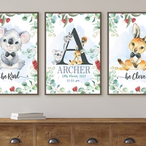 Boy Nursery Art Set of 3 Australian native animals , koala , kangaroo, personalized Wall Art, Watercolor Nursery set, Gift Room Decor baby