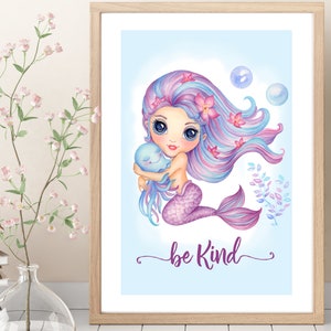 May include: A watercolor illustration of a mermaid with long purple and blue hair holding a small blue octopus. The mermaid has big blue eyes and is wearing a purple tail. The background is light blue with bubbles and the text "be kind" in purple.