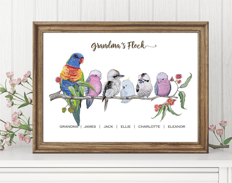 Personalised Grandparents Gift Australian Mixed native Birds personalized Art Watercolor bird Print Grandkids Gift, Grandpa Gift, nan, pop image 9