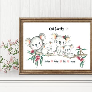 Koala Family Impresión personalizada Regalo familiar personalizado Animal de pared personalizado Arte de pared Acuarela Nursery Print, Regalo, retrato familiar