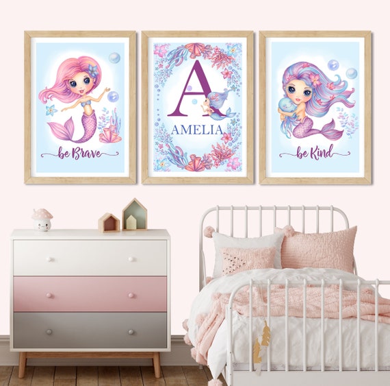 Girls Nursery Art Set of 3, Girly Prints, Mermaid print, personalised Wall Art, Watercolour Nursery set, Gift Bed Room Décor Active