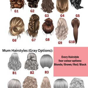 May include: A chart with illustrations of different hairstyles for mothers and daughters. The hairstyles are labeled with letters and numbers. The text reads "Daughter Hairstyles" and "Mum Hairstyles (Gray Options)".