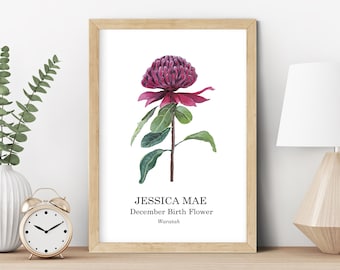 Personalised BIRTH FLOWER Print, Custom birth month flower, Australian native flower Watercolor Art, Mothers Day, Christmas gift, Nan Gift