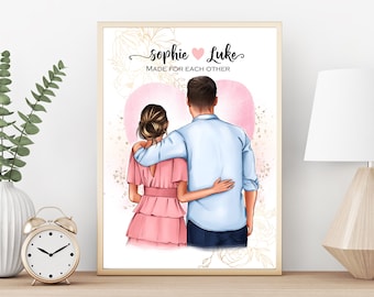 Op de afbeelding: Een digitale illustratie van een stel dat rug aan rug staat met hun armen om elkaar heen. De vrouw draagt een roze jurk en de man draagt een blauw shirt en jeans. De tekst "Sophie Luke Made for Each Other" staat boven het stel.