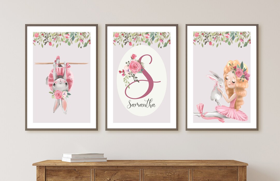 Girls Nursery Art Set of 3, Girly Prints, Bunny Ballerina Print ...