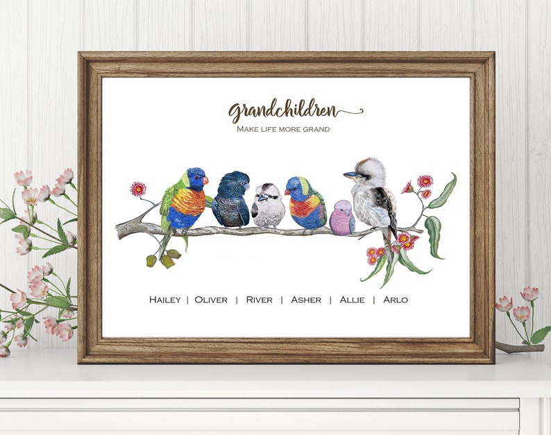 Personalised Grandparents Gift Australian Mixed native Birds personalized Art Watercolor bird Print Grandkids Gift, Grandpa Gift, nan, pop image 1