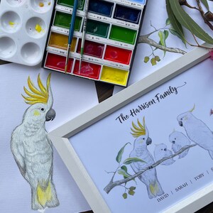 Pu&ograve; includere: Materiali per pittura ad acquerello e opere d'arte incorniciate con cacatua. La stampa incorniciata mostra una famiglia di cacatua appollaiati su un ramo, con il testo "The Harrison Family". &Egrave; visibile anche un dipinto ad acquerello di un singolo cacatua.