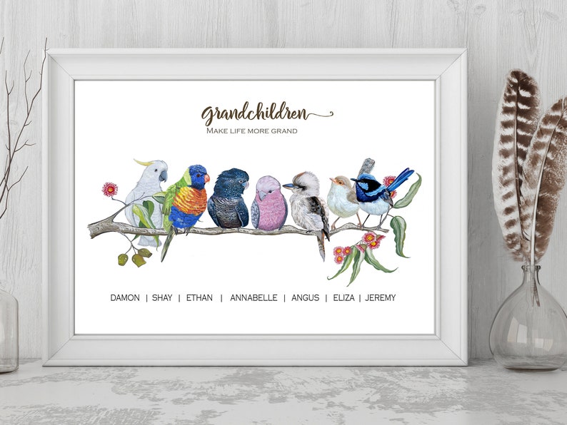 Personalised Grandparents Gift Australian Mixed native Birds personalized Art Watercolor bird Print Grandkids Gift, Grandpa Gift, nan, pop image 4