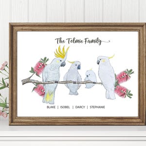 Personalized Cockatoo Family Watercolor Print: Australian Animal Gift