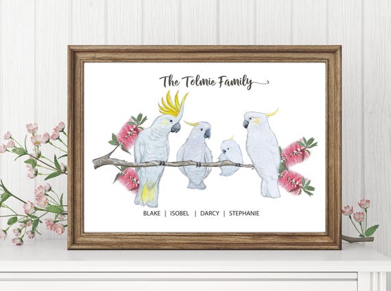 Personalized Cockatoo Family Watercolor Print: Australian Animal Gift