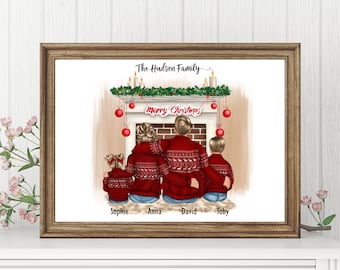 May include: A digital illustration of a family of four standing in front of a fireplace. The family are wearing red and white Christmas jumpers. The fireplace has a brick surround and a mantel with a garland and candles. The text "The Hudson Family" is written above the fireplace. The text "Merry Christmas" is written on a banner hanging above the fireplace. The family members are labelled "Sophie", "Anna", "David", and "Toby".