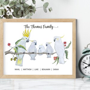 Pu&ograve; includere: Stampa incorniciata raffigurante una famiglia di cacatua bianchi su un ramo. L'illustrazione ad acquerello include il testo "The Thomas Family" e i nomi dei membri della famiglia. La cornice &egrave; marrone chiaro.