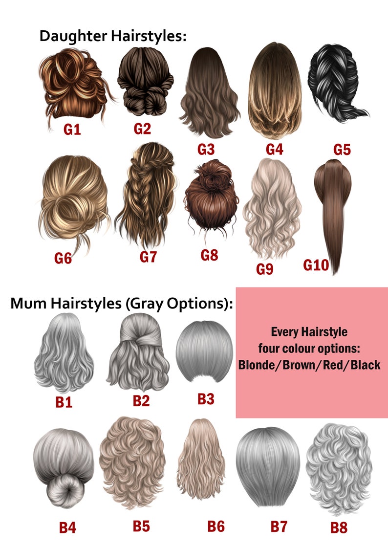 K&ouml;nnte beinhalten: Ein Diagramm mit Illustrationen verschiedener Frisuren f&uuml;r M&uuml;tter und T&ouml;chter. Die Frisuren sind mit Buchstaben und Zahlen gekennzeichnet. Der Text lautet "Tochter Frisuren" und "Mutter Frisuren (Graue Optionen)". Jede Frisur hat vier Farboptionen: Blond/Braun/Rot/Schwarz.