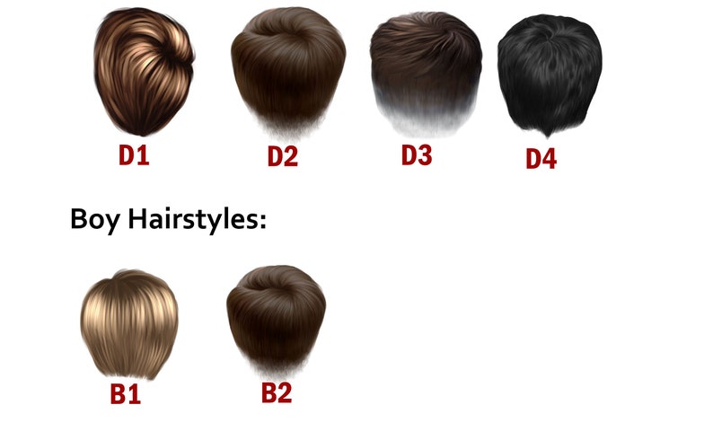 May include: Boy Hairstyles: Six different hairstyles for boys, including short, medium, and long styles. The hairstyles are shown from the back of the head.
