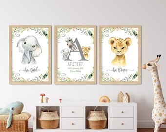 Boy Nursery Art Set of 3  Safari Animals , Tiger , Elephant, personalized Wall Art, Watercolor Nursery set, Gift Room Decor baby , birthday