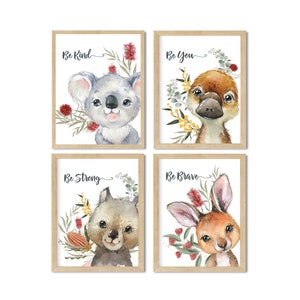 Unisex nursery decor. Australian Animal Wall art. Set of Four Nursery Wall prints. Koala, Kangaroo, Wombat, and Platypus. Animal Prints