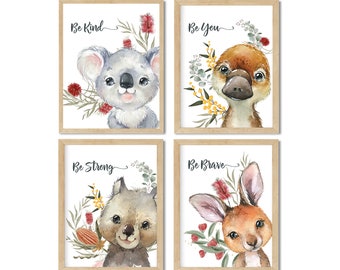 Unisex nursery decor. Australian Animal Wall art. Set of Four Nursery Wall prints. Koala, Kangaroo, Wombat, and Platypus. Animal Prints