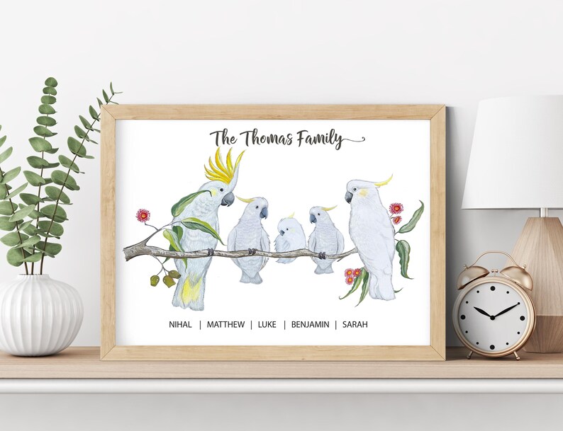 Pu&ograve; includere: Una stampa incorniciata con un'illustrazione ad acquerello di una famiglia di cacatua bianchi appollaiati su un ramo. Il testo "The Thomas Family" &egrave; sopra gli uccelli, con i nomi sotto. La cornice &egrave; marrone chiaro.