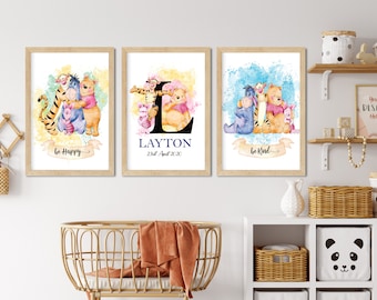 Winnie the Pooh ,  Nursery Art Set of 3 ,Wall Nursery Print , personalized Wall Art, Watercolor Nursery set, nursery prints