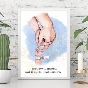 Nueva impresión de detalles de nacimiento del bebé, arte de la pared de la guardería, impresión personalizada, regalo, decoración de la habitación del bebé, padres recién nacidos de la familia tomados de la mano