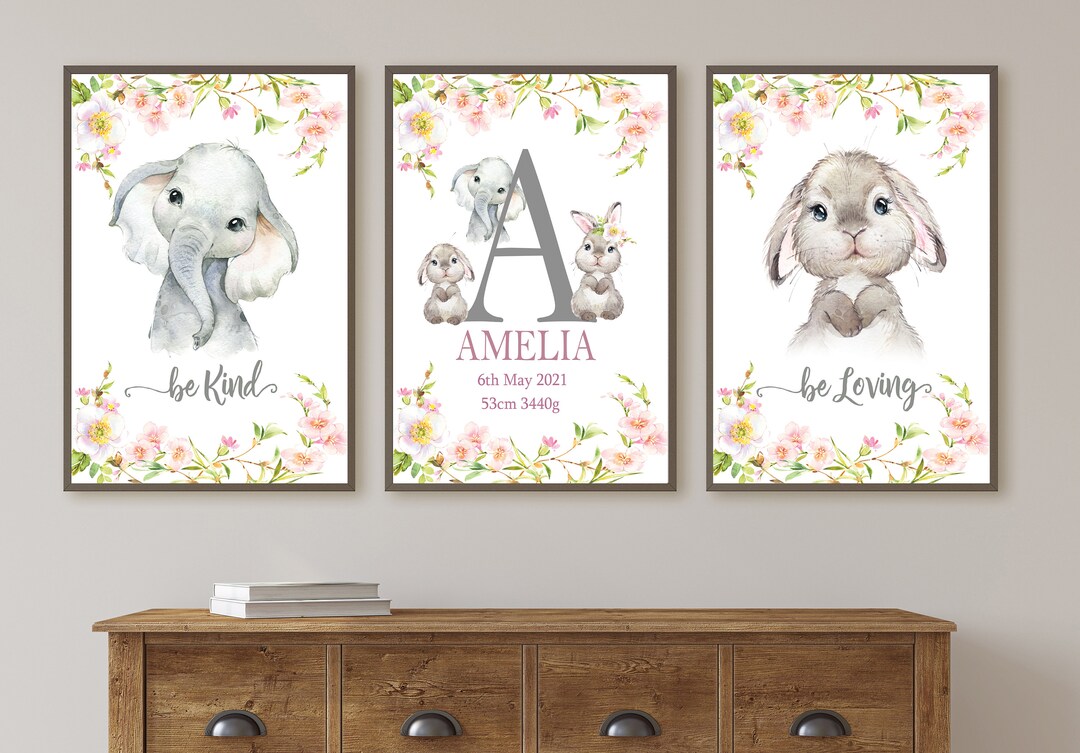 Girls Nursery Art Set of 3 , Girly Prints Bunny Elephant Print ...