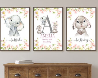 Girls Nursery Art Set of 3 , Girly Prints Bunny Elephant  print, personalised Wall Art Watercolour Nursery set  Gift Room Decor baby , gift
