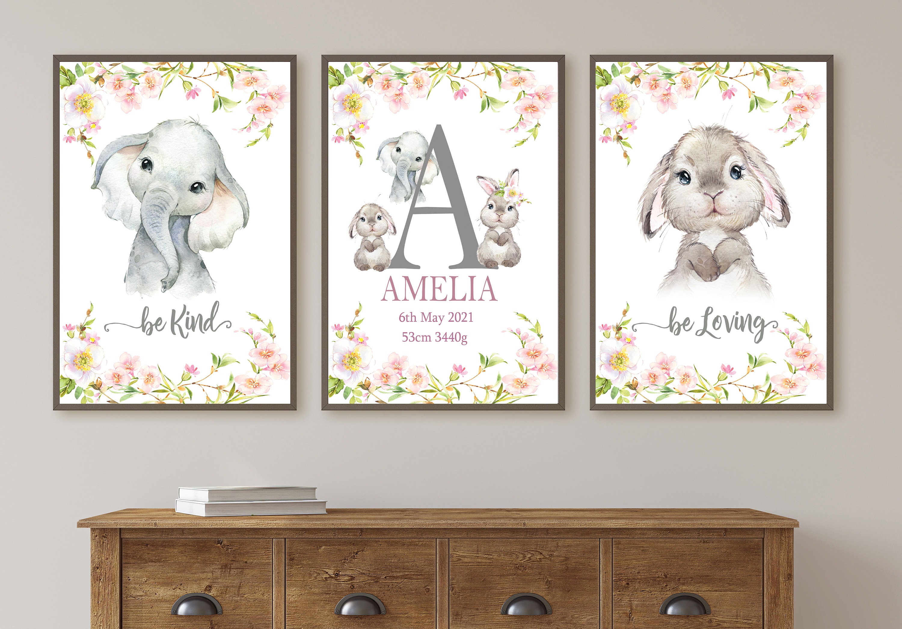 Girls Nursery Art Set of 3 , Girly Prints Bunny Elephant Print ...