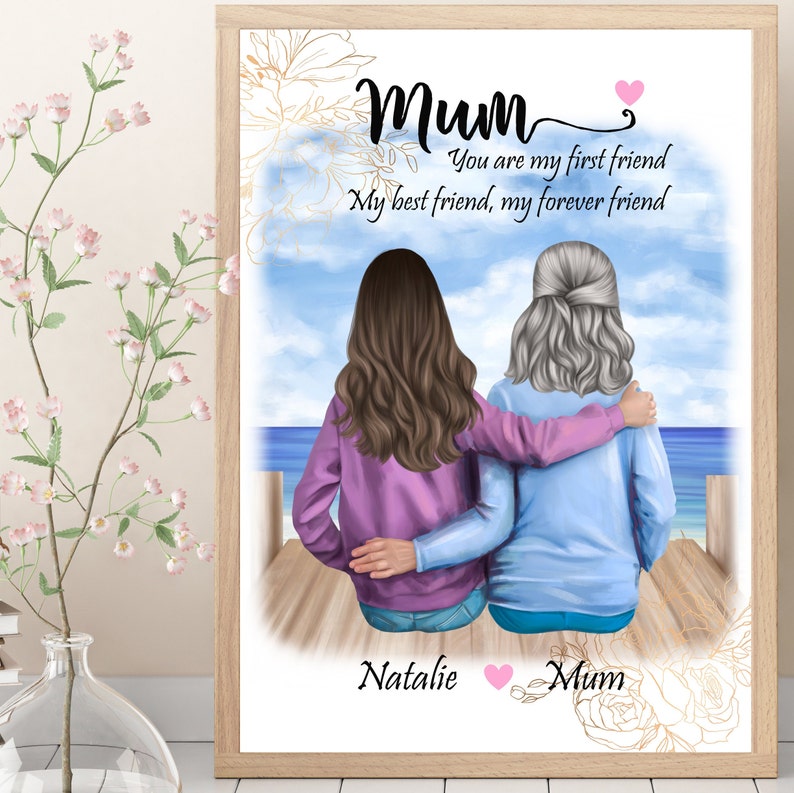 K&ouml;nnte beinhalten: Eine Aquarell-Illustration von zwei Frauen, die auf einem Holzsteg sitzen und auf das Meer blicken. Die Frau im Vordergrund tr&auml;gt einen lila Pullover und die Frau im Hintergrund einen blauen Pullover. Der Text "Mum" ist in einer dekorativen Schrift oben im Bild geschrieben. Der Text "You are my first friend, My best friend, my forever friend" ist unter dem Wort "Mum" geschrieben. Die Namen "Natalie" und "Mum" sind unten im Bild geschrieben.