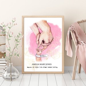 Neues Baby Mädchen Geschenk, Neues Baby Geschenk personalisiert, Neues Baby Print, Taufgeschenk, Geburtsdaten Print, Geburtsanzeigen, Baby haltende Hände
