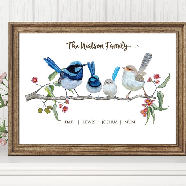 Personalised Blue Fairy Wren Family Print Custom Gift Australian Animal personalized Wall Art Watercolor bird Print, Gift, family portrait