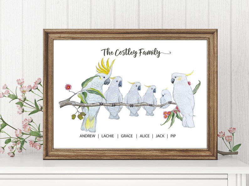 Pu&ograve; includere: Una stampa incorniciata con un'illustrazione ad acquerello di una famiglia di cacatua bianchi appollaiati su un ramo. Il testo "The Costley Family" &egrave; sopra gli uccelli, con i nomi sotto. La cornice &egrave; marrone.