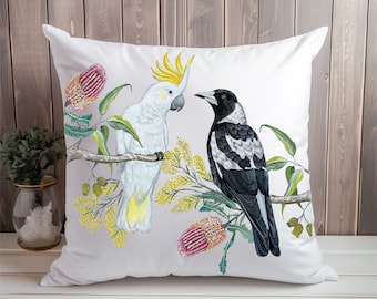 Australian Bird and Flora - Cushion Cover, Magpie, Cockatoo, Wattle, Banksia, Throw Pillow cover, Australian Native