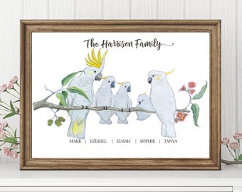 Personalised Cockatoo Family Print Custom Gift Australian Animal personalized Wall Art Watercolor bird Print, Gift, family portrait