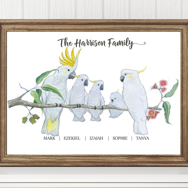 Personalised Cockatoo Family Print Custom Gift Australian Animal personalized Wall Art Watercolor bird Print, Gift, family portrait