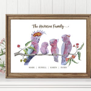 Personalised Major Mitchell Cockatoo Family Gift, Australian Animal personalized Wall Art Watercolor bird Print, Gift, family portrait