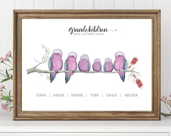 May include: A framed print featuring a watercolour illustration of six pink and grey galahs perched on a branch. The text "grandchildren make life more grand" is at the top of the print. The names "Tiana, Sarah, Sophie, Toby, Grace, Archer" are listed below the birds.