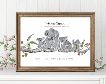 Personalisierte Koala Mutter und Kinder Druck, alleinerziehende Mutter, Geburtstagsgeschenk für Mutter, benutzerdefinierte Familie, personalisierte Geschenke, Koala Familiendruck