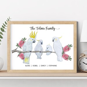 Pu&ograve; includere: Una stampa ad acquerello incorniciata con una famiglia di cacatua bianchi appollaiati su un ramo con fiori rosa. Il testo "The Tolmie Family" &egrave; sopra gli uccelli, con i nomi sotto. La cornice &egrave; marrone chiaro.