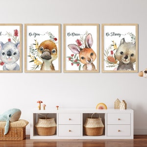 May include: Four framed prints with watercolor illustrations of Australian animals, each with a motivational phrase. The prints feature a koala, platypus, kangaroo, and wombat. The phrases are "Be Kind", "Be You", "Be Brave", and "Be Strong".
