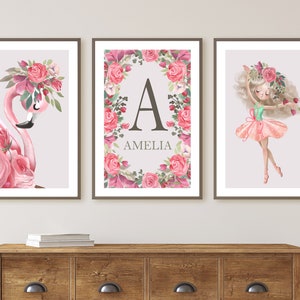 Juego de arte de guardería para niñas de 3, estampados femeninos, estampado de bailarina de flamenco, arte de pared personalizado, juego de guardería de acuarela, decoración de la habitación de la cama de regalo