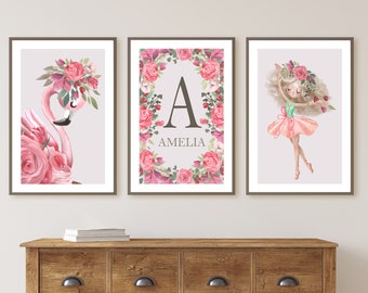 Girls Nursery Art Set of 3, Girly Prints, flamingo ballerina print, personalised Wall Art, Watercolour Nursery set,Gift Bed Room Decor