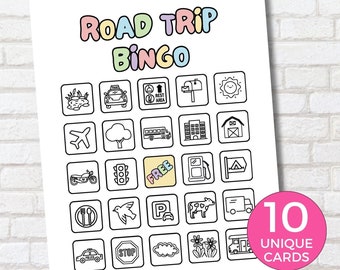Puede incluir: Una tarjeta de bingo de viaje por carretera imprimible con 25 casillas que presentan varios iconos relacionados con viajes por carretera, como una gasolinera, un área de descanso, un buzón, un avión, un árbol, una motocicleta, una señal de stop, una vaca y una caravana. La tarjeta se titula "Road Trip Bingo" y tiene un espacio libre en el centro. El texto "10 tarjetas únicas" está en la esquina inferior derecha.